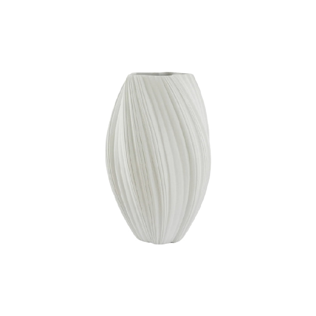 Elegant White Textured Ceramic Vase with Ribbed Design**