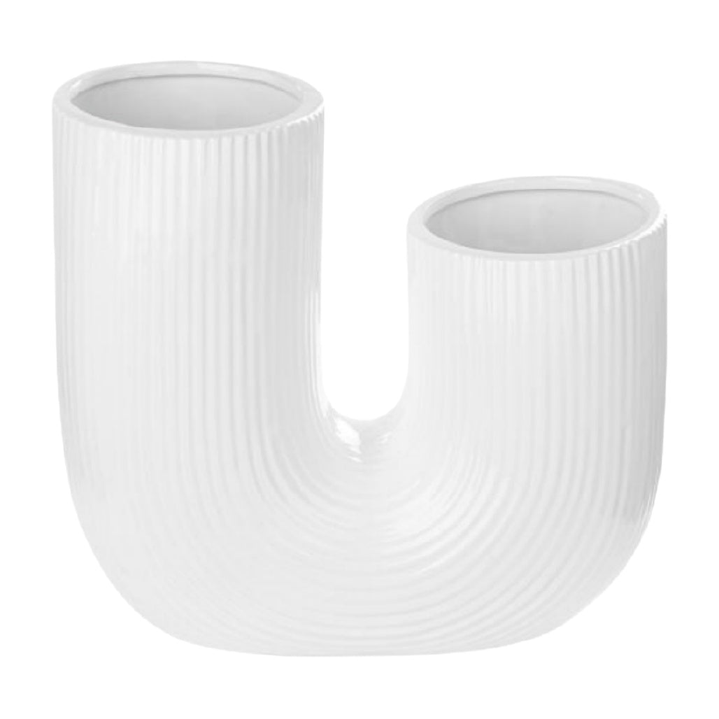 Modern White Double Chamber Ribbed Ceramic Vase