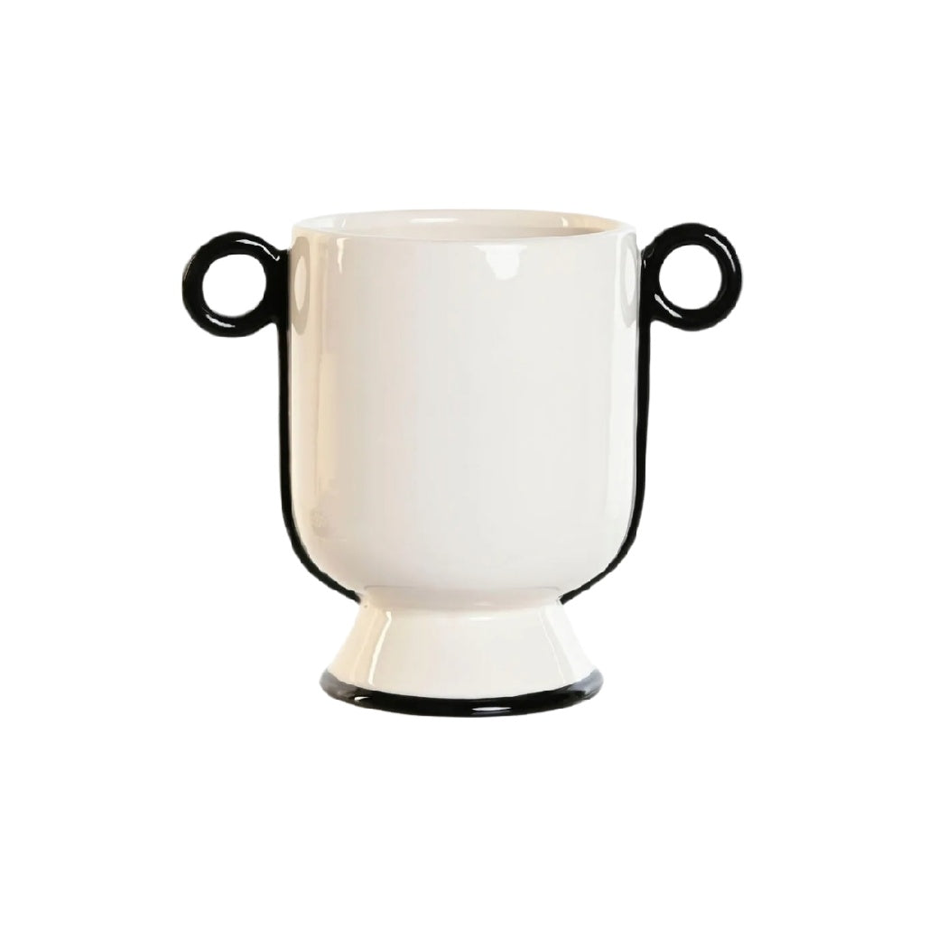 Elegant Two-Handle Ceramic Cup with Black Trim**